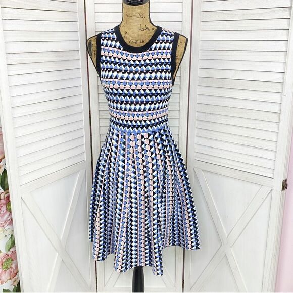 Susan Monaco Stitch Fix Geometric Print Fit & Flare Dress Blue Pink Small - Picture 1 of 12